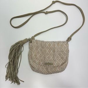 Toms Crossbody Bag Tassel Embroidered Canvas Magnetic Closure Aztec Print Cream